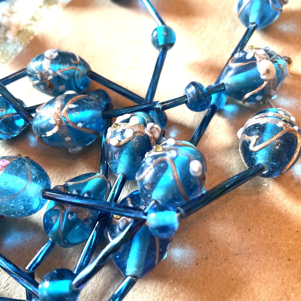 Vintage Gold Foil Blue Glass Wedding Cake Beads Art Glass